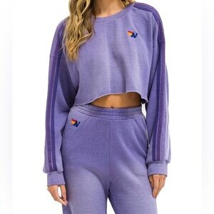 Aviator Nation Purple Relaxed Cropped Crew Neck Athleisure Sweatshirt size M NWT